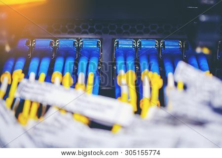 Optical Fiber And Card Equipment Background In Telecommunications Optical Select Focus. Fiber Type L