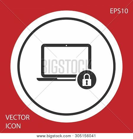 Grey Laptop And Lock Icon Isolated On Red Background. Computer And Padlock. Security, Safety, Protec