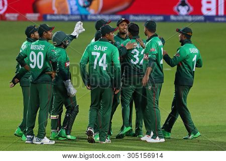 LONDON, ENGLAND. 05 JUNE 2019: Mosaddek Hossain of Bangladesh celebrates taking the wicket of James Neesham of New Zealand  during the Bangladesh v New Zealand, ICC Cricket World Cup match