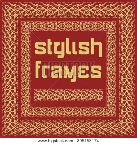 Chinese Frames In East Style On Red Background. Gold Adornment. Greeting Card. Chinese Traditional D