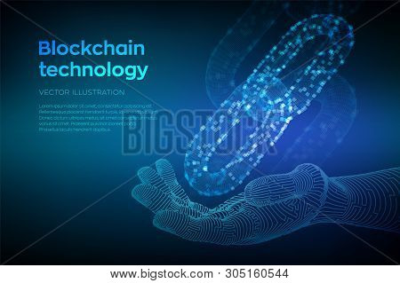 Block Chain. Crypto Currency. Blockchain Concept. 3d Wireframe Chain With Digital Blocks In Robotic 