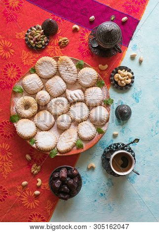 Maamoul - Arabic Homemade Cookies Filled With Dates, Pistachios And Walnuts. Top View.