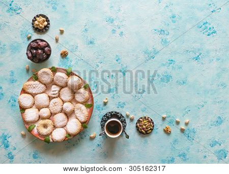 Maamoul - Arabic Homemade Cookies Filled With Dates, Pistachios And Walnuts. Top View.