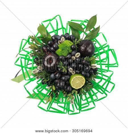 Unique Gift Handmade In The Form Of Bouquet Of Flowers And Fruits Decorated With Many Green Straws F