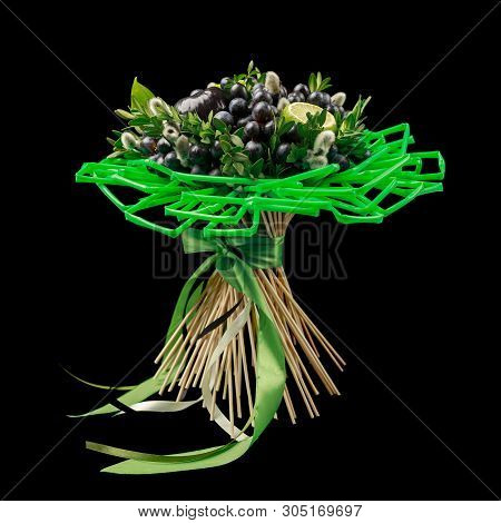 Unique Gift Handmade In The Form Of Bouquet Of Flowers And Fruits Decorated With Many Green Straws F