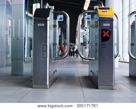 Utrecht, The Netherlands, February 15, 2019: Frontview Of Check In And Check Out Gates Of The Ns Utr