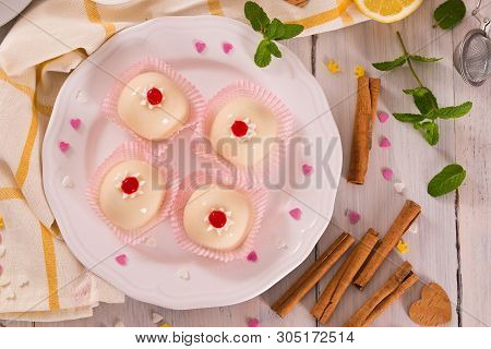 Sicilian Ricotta Cake (cassata) On White Dish.
