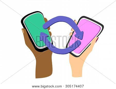 Device-to-device Communication Concept. Direct Data Exchange Between Two Mobile Users. Female And Ma