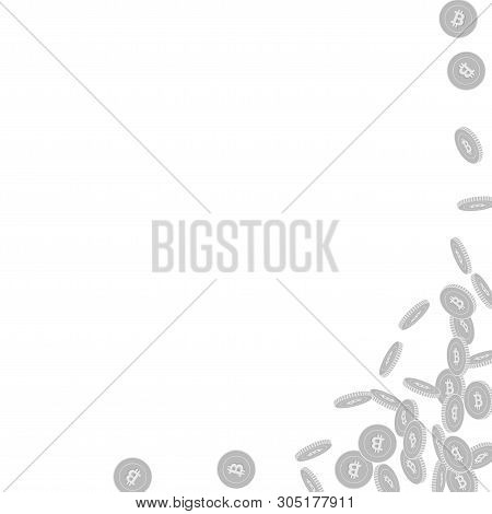 Bitcoin, Internet Currency Coins Falling. Scattered Black And White Btc Small Coins. Jackpot Or Succ