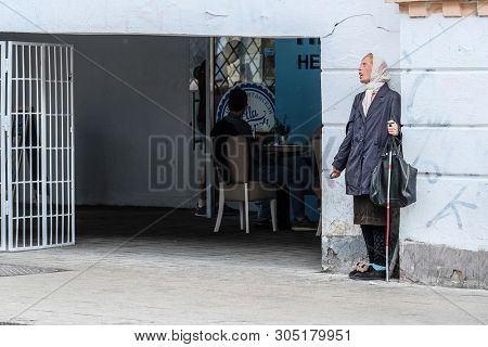 Moscow, Russia - June, 3, 2019: blind woman beggar begs on Moscow street, Russia