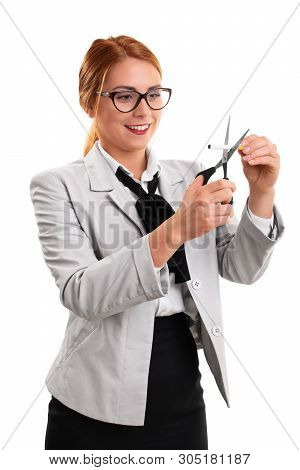 Young Modern Business Woman Cutting A Cigarette With Scissors, Isolated On A White Background.