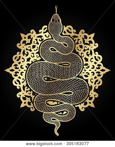 Coiled Snake Over Ornate Mandala Detailed Illustration. Tribal Golden Serpent Isolated Over Black Ba