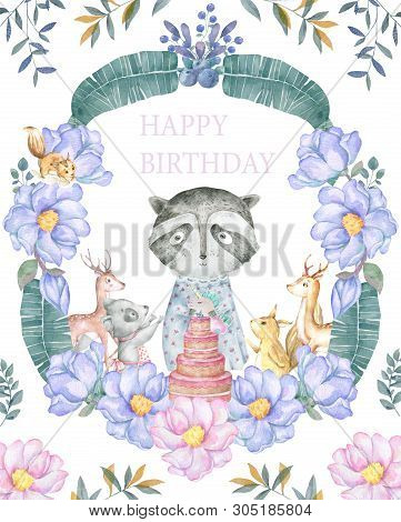 Cute Baby Roccoon With Tasty Cake Animal Isolated Illustration For Children. Bohemian Watercolor Boh
