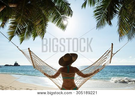 Rear View Of Young Woman In Bikini And Hat Sitting On Hammock On The Beach