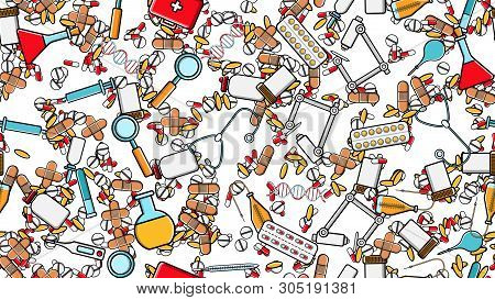 Seamless Pattern Texture Of Medicine Items Icons Pricks Pills Pipettes Stethoscopes Tools Doctor Fla