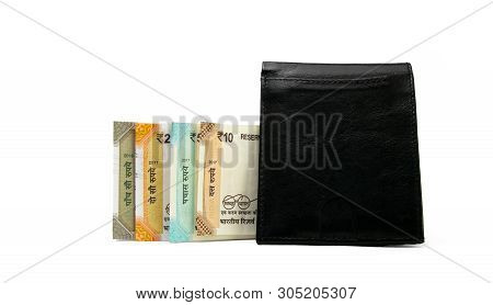 Indian Rupee Notes With Black Leather Wallet Isolated On White Background.success And Got Profit Fro