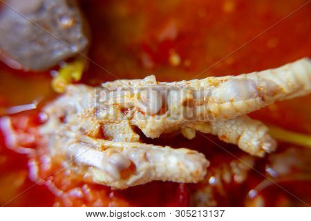 Macro, Red Spicy Chicken Paw Sauce With Chicken Blood Cube. The Local Food Of Northern's Thailand, C