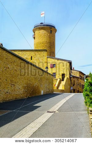 Street In The Medieval Village Oingt, And The Keep Tower, In Beaujolais, Rhone Department, France