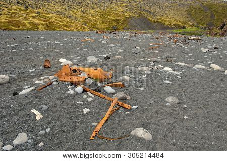 Rusty Ship Wreck Remains On Dritvik Beach, Iceland