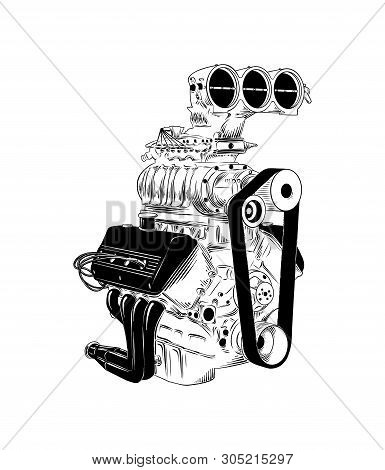 Vector Engraved Style Illustration For Posters, Decoration And Print. Hand Drawn Sketch Of Car Engin