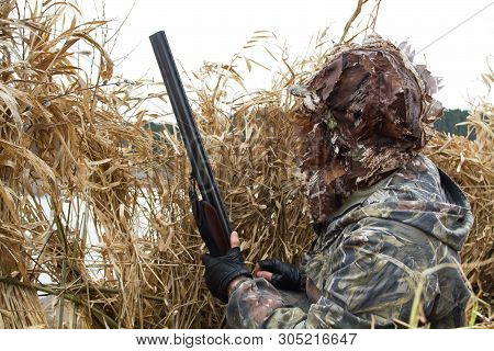 Duck Hunter With A Shotgun Looks Out Of The  Hunting Blind Of Reeds On The Lake