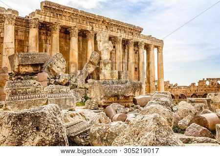 Columns Of Ancient Roman Temple Of Bacchus With Surrounding Ruins Of Ancient City, Bekaa Valley, Baa