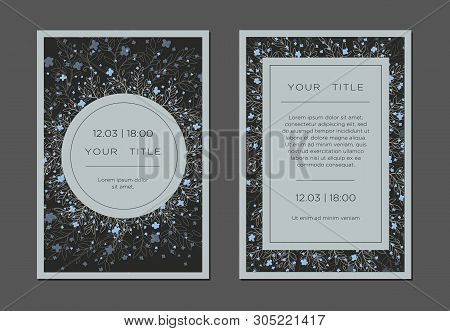 Greeting Simple Invitation Card Template Design Flowers And Leafs. Mistical Dark Blue And Mint Color