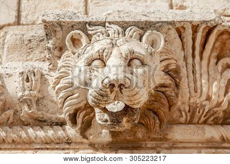 Head Of The Lion, Roman Wall Ornament At Bacchus Temple, Bekaa Valley, Baalbek, Lebanon