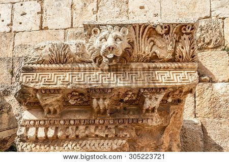 Head Of The Lion, Roman Wall Ornament At Bacchus Temple, Bekaa Valley, Baalbek, Lebanon
