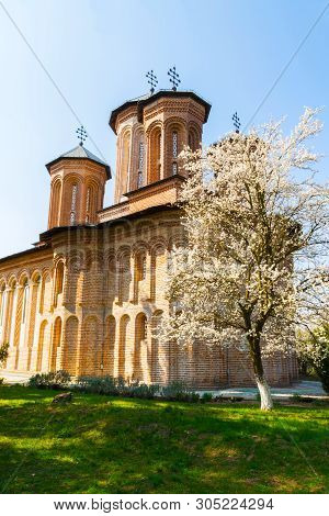 Snagov, Romania - March 30, 2019: View Of The Snagov Monastery Beautiful Architecture.