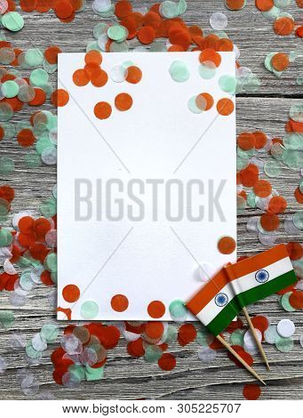 India Independence Day 15 August, Two Mini India Flags With Two Sheets Of White Paper, On White Rust
