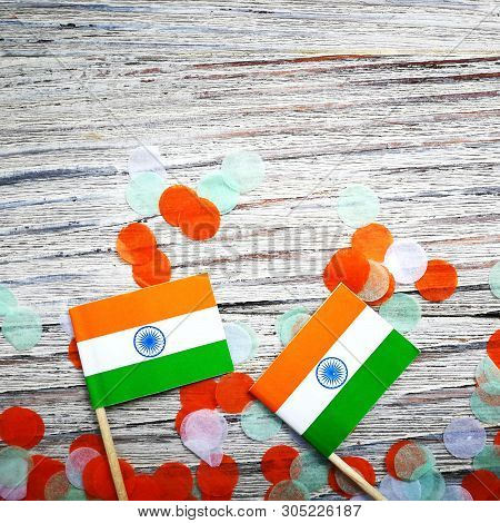 India Independence Day 15 August, Two Mini India Flags With Confetti Three Colors Green Orange And W