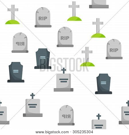 Headstone, Gravestone, Tombstone Color Icons Seamless Pattern. Headstone, Granite Grave, Cross Linea