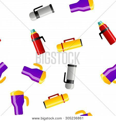 Vacuum Flasks And Bottles Color Icons Seamless Pattern. Eco Flasks, Takeaway Hot Drink Linear Symbol
