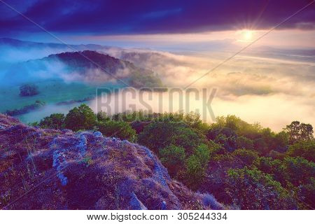Dreamy Forrest. Sunrise Clouds. Forest Hill.autumn Mist. Misty Peaks. Foggy Landscape. Rock Top