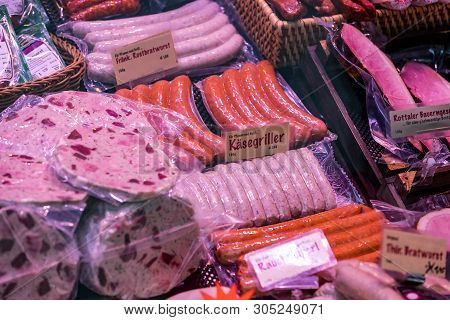 Munich, Germany - November 23, 2018 :counters And Showcases Of Butcher Shops At The Viktualienmarkt 