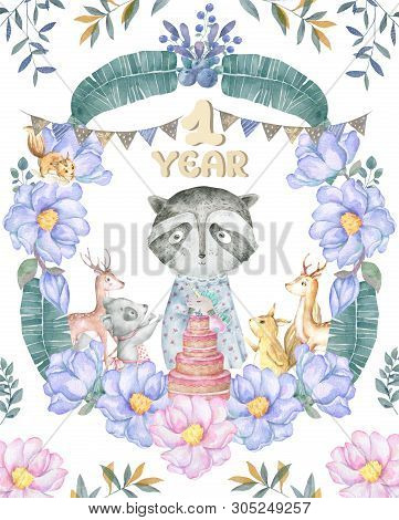 Cute Baby Roccoon With Tasty Cake Animal Isolated Illustration For Children. Bohemian Watercolor Boh