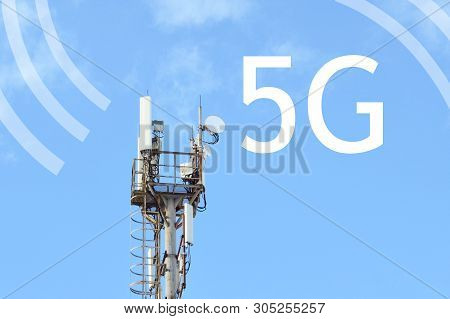 5g Mobile Telephone Radio Network Gsm Antenna With Copy Space. Concept