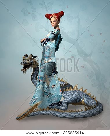 Warrior Women Series: Beautiful Lady Wearing A Colorful Kimono Stands With A Fierce Dragon - 3d Illu