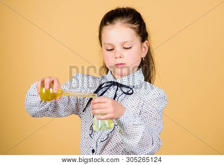 Back To School. Science Research In Lab. Small School Girl. Small Smart Girl With Testing Flask. Edu