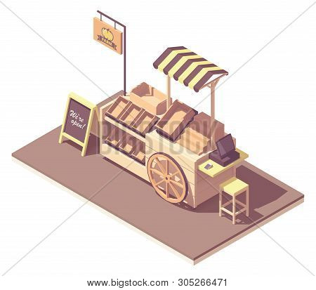 Vector Isometric Wooden Farmer Kiosk Or Cart Stand For Fruits And Vegetables. Retro Design With Wood