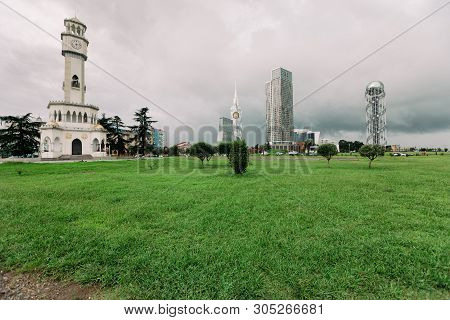 Batumi, Georgia - September 10, 2018: Chacha Tower In The Daytime In Batumi, Georgia. The Fountain W