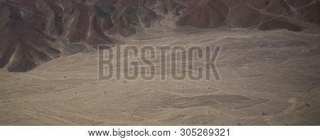 Aerial Airplane Panoramic View To Nazca Plateau With Geoglyph Lines , Ica Region, Peru