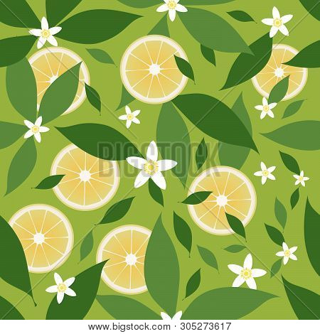 Seamless Pattern Of Lemon Slices And Orange Blossom Flowers