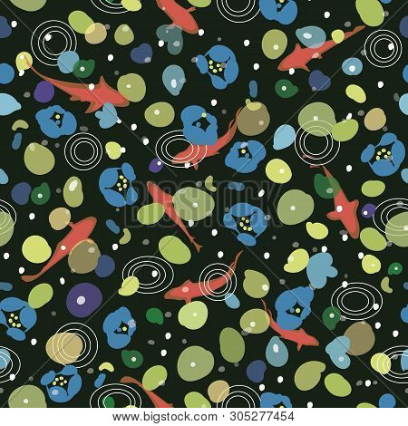 Black Vector Repeat Pattern With Fish Pond And Koi. Floral Design With Lotus Or Water Lily Leaf. Sim