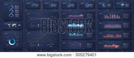 Infographic Dashboard Template With Flat Design Graphs And Pie Charts Online Statistics And Data Ana