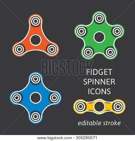 Set Of Fidget Hand Spinner Icons With Editable Stroke. Two, Three, Four, Five Arms Toys For Stress R