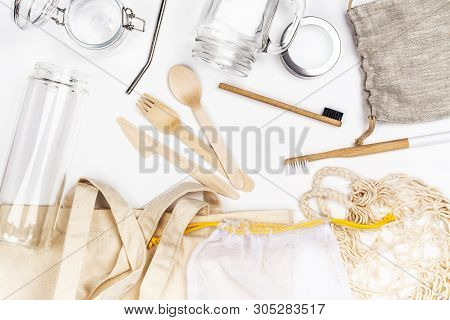 Use Less Plastic Concept. Eco Freindly, Zero Waste Background. Fabric Bags, Glass Jars, Metal Straws