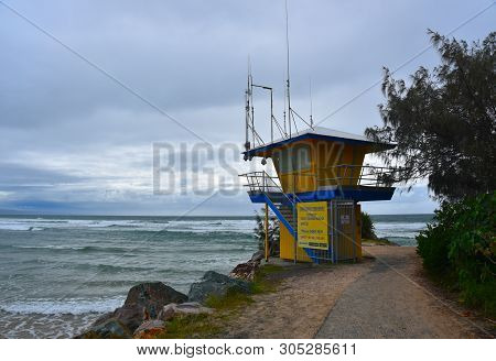 Noosa, Australia - Apr 23, 2019. Lifeguard Tower At Noosa Main Beach - A Famous Tourist Destination 