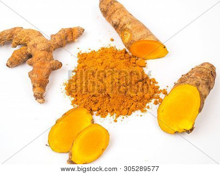 Turmeric Powder And Fresh Turmeric Onwhite Background, Herbal
